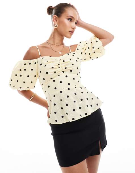 River Island polka dot print bardot top in yellow - view 1