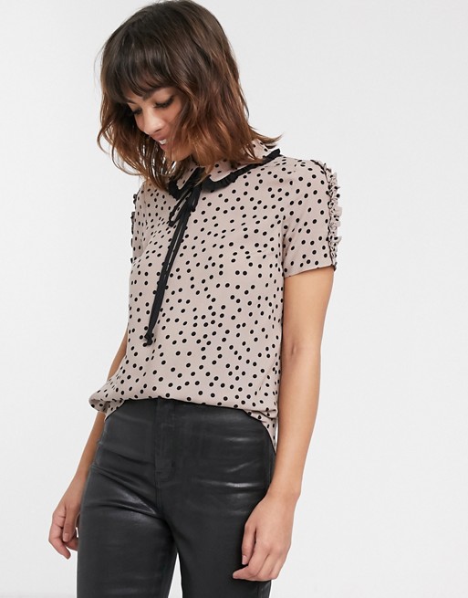 River Island polka dot print top with pussybow collar in mink