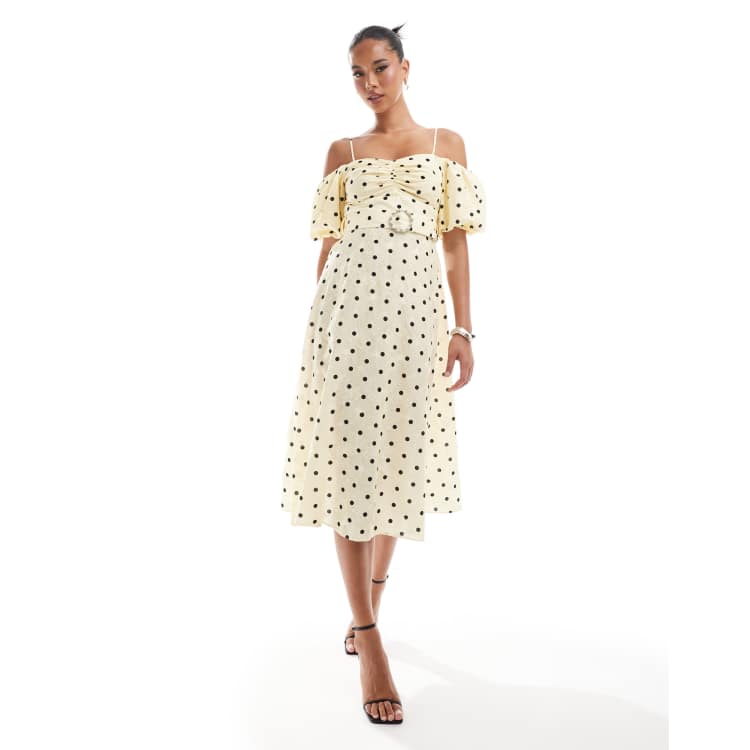 River Island polka dot puff sleeve midi dress in yellow ASOS