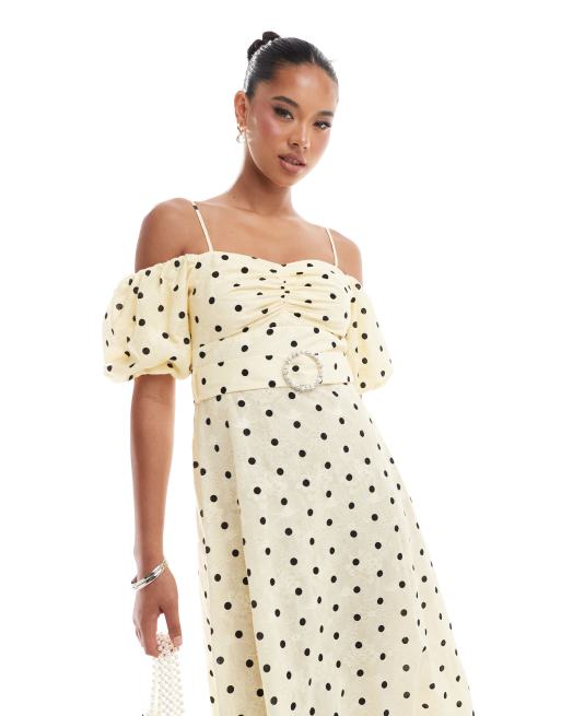 River Island polka dot puff sleeve midi dress in yellow ASOS