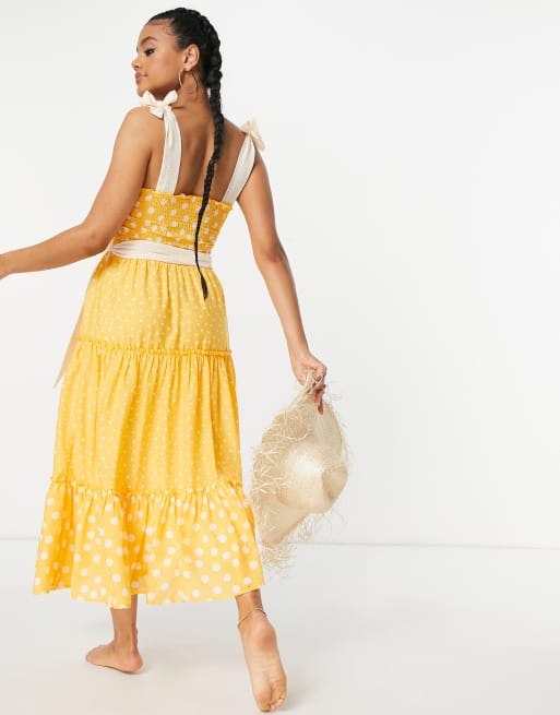 River Island polka dot shirred midi beach dress in orange, 2 of 4