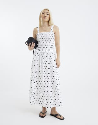 River Island Polka dot shirred midi dress in white - view 1