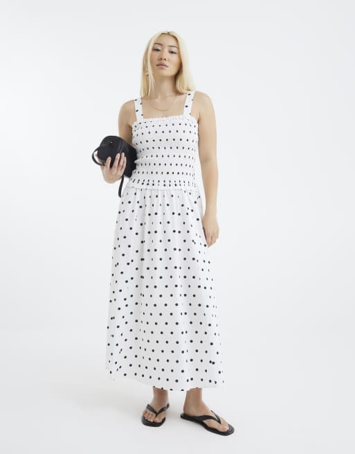 River Island Polka dot shirred midi dress in white