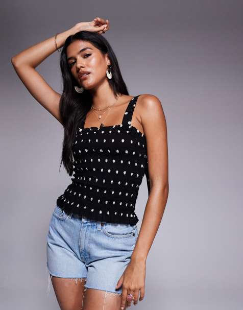 River Island polka dot shirred top in black - view 1