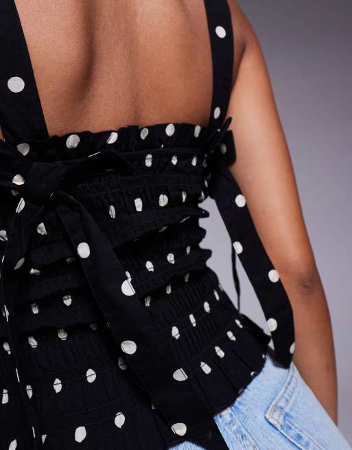 River Island polka dot shirred top in black ASOS