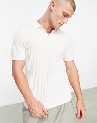 River Island waffle knit polo in white - ASOS Price Checker