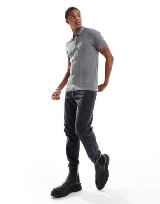 River Island – Polo-Muskelshirt aus Strick in Hellgrau mit Fischgrätmuster, 2 von 4