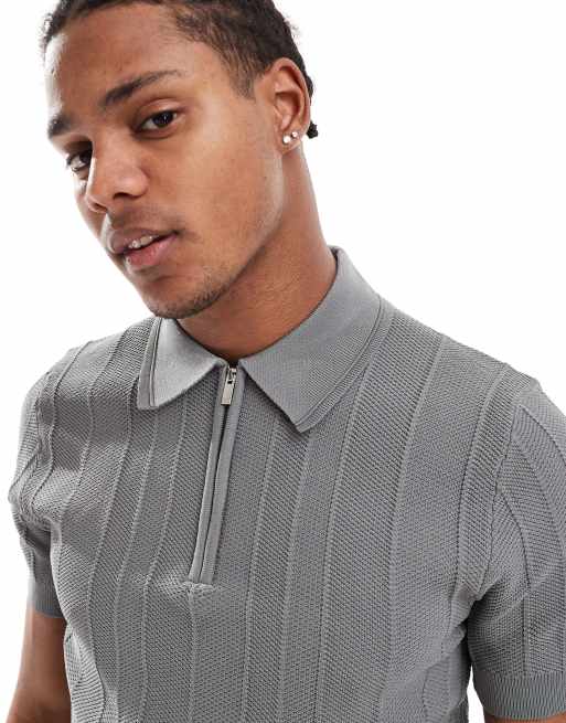 River Island – Polo-Muskelshirt aus Strick in Hellgrau mit Fischgrätmuster, 4 von 4