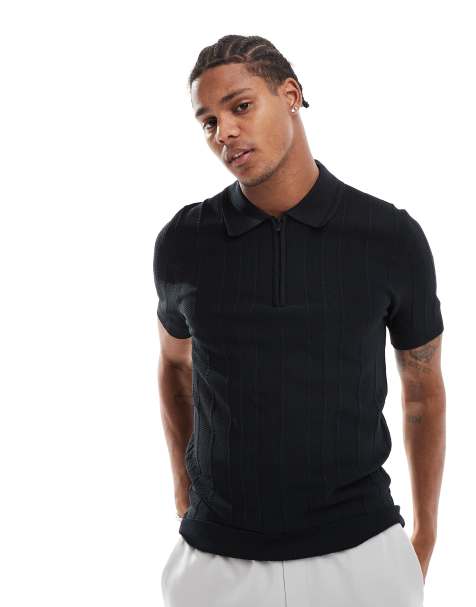 River Island – Polo-Muskelshirt in Schwarz aus Strick mit Fischgrätmuster - view 1