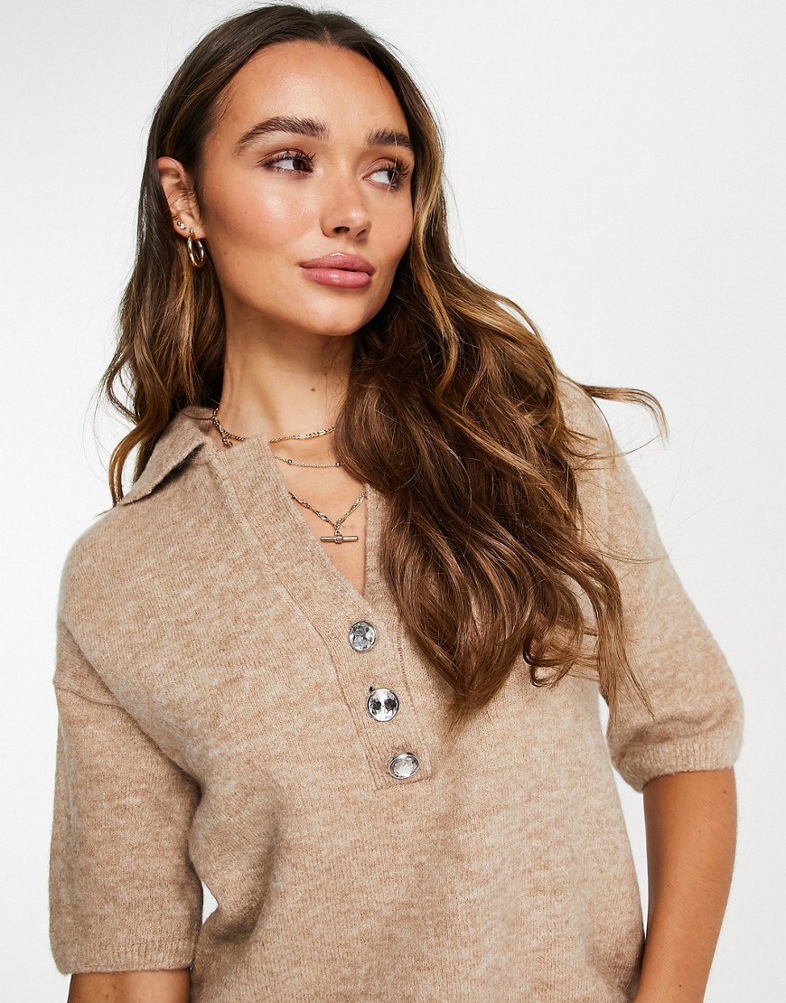 River Island polo oversized top with collar in beige - part of a set-Neutral