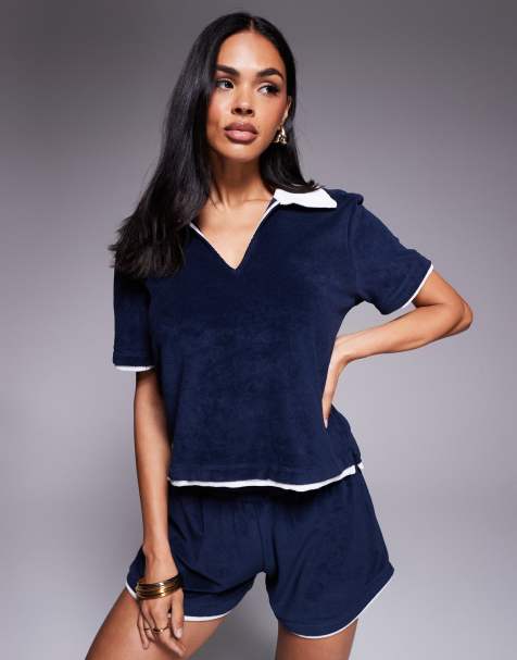 River Island polo top co-ord in navy towelling - view 1