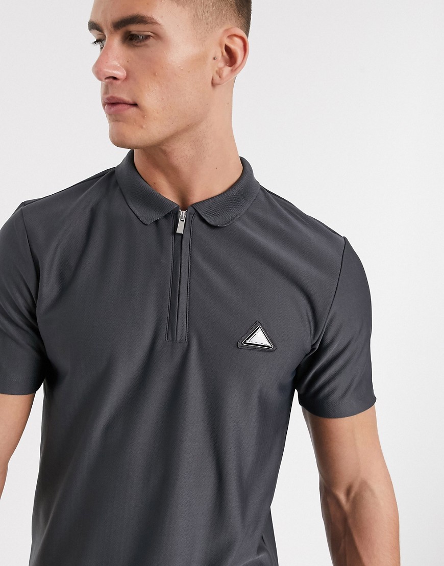 River Island polo with badge in grey-Navy