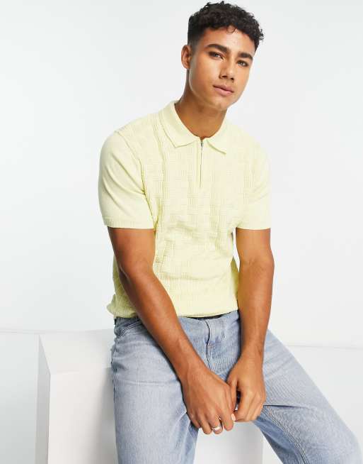 River Island - Poloshirt met korte mouwen en mandensteekpatroon in geel