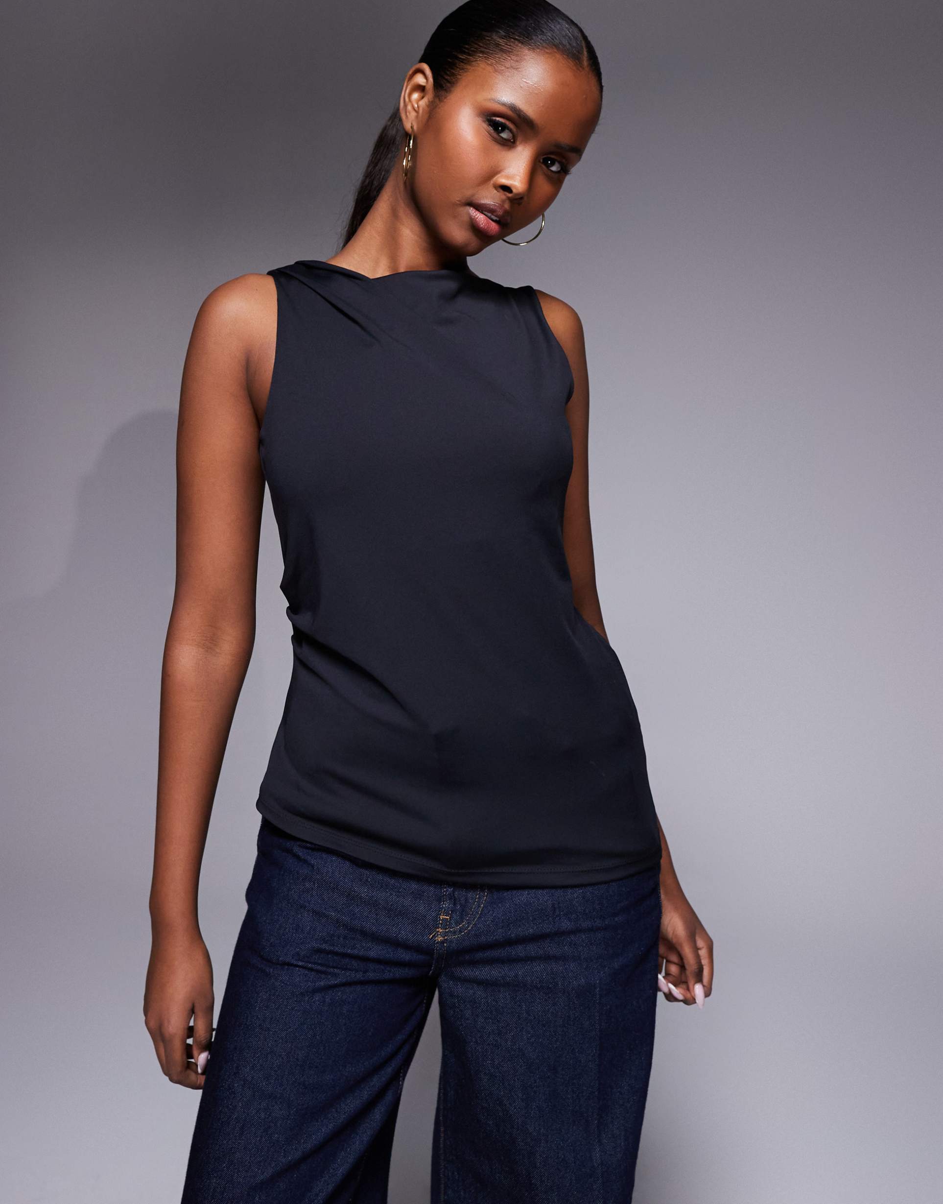 river island polyamide slash neck detail top in black