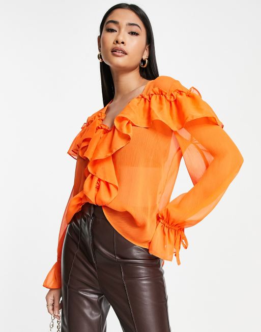 River Island – Pomarańczowa bluzka szyfonowa z ozdobnymi falbankami