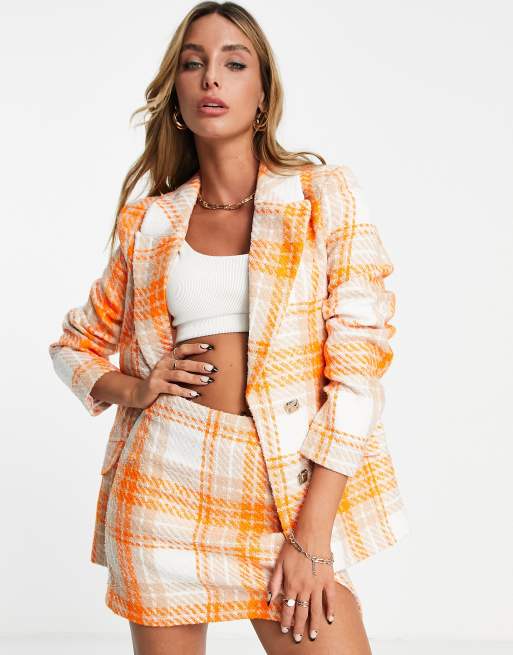 River Island – Pomarańczowa dopasowana marynarka o smokingowym kroju, z materiału bouclé w kratę, część zestawu