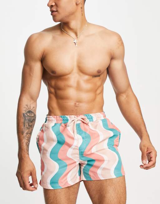 River Island – Pomarańczowe szorty kąpielowe z falistym wzorem w paski
