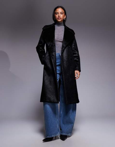 River Island pony effect double breasted coat in black - view 1