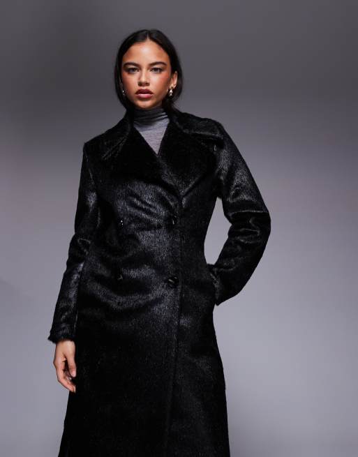 River Island pony-effect double-breasted coat in black, 2 of 4