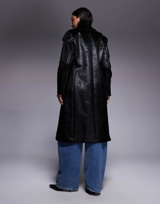 River Island pony-effect double-breasted coat in black, 3 of 4