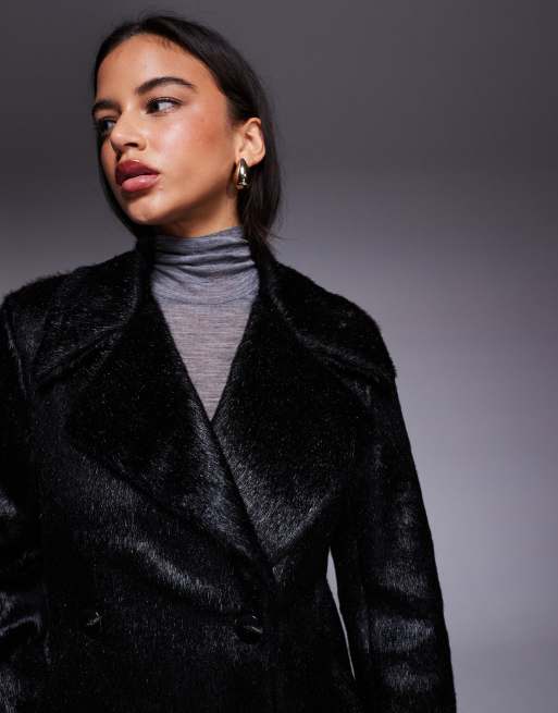 River Island pony-effect double-breasted coat in black, 4 of 4