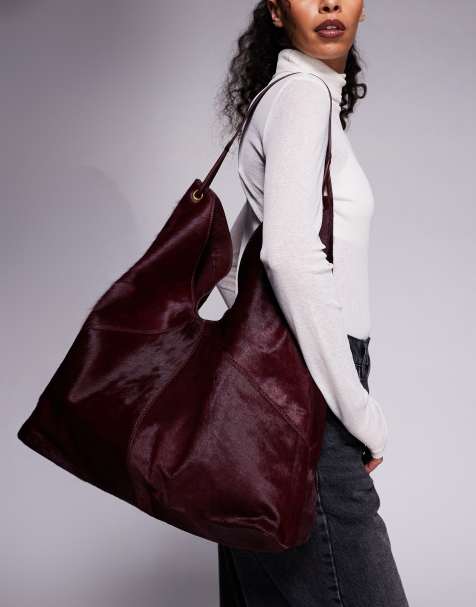 River Island pony hair leather slouch bag in burgundy - view 1