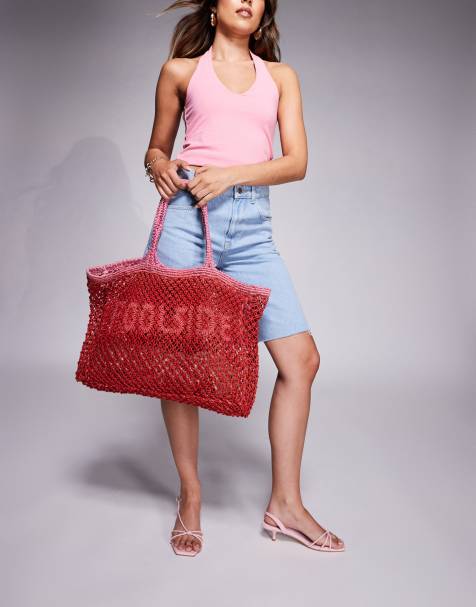 River Island poolside crochet beach bag in mid pink - view 1