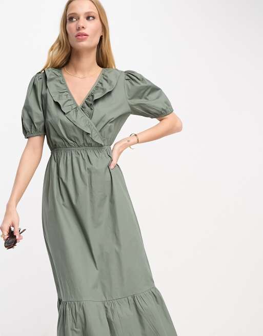 River Island – Popeline-Midikleid in Khaki mit gerüschter Vorderseite, 4 von 4