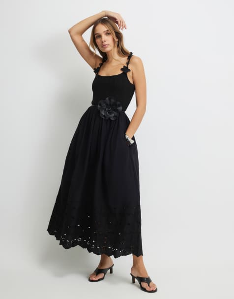 River Island Poplin broderie tie back midi dress in black - view 1