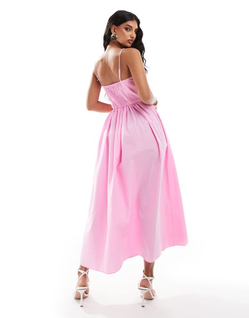 cute midi summer dresses Summer Princess Midi Dress: Cute Pink Floral Ruched Bust with Romantic  Virago Sleeves