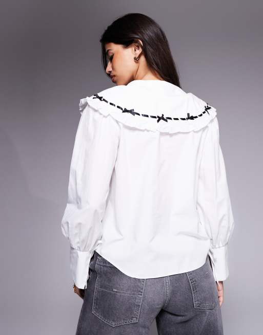 River Island - Poplin overhemd met kraag met detail in wit, 2 van 4