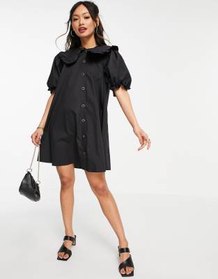 River Island Poplin Oversized Collared Mini Shirt Dress In Black