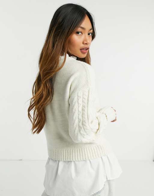 River Island poplin shirt hybrid cable knit jumper in cream ASOS