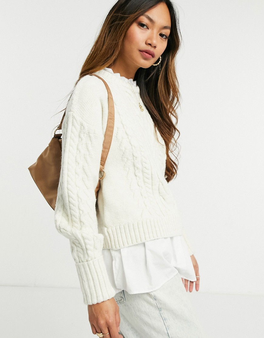 River Island poplin shirt hybrid cable knit sweater in cream-Brown
