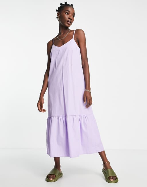 River Island poplin tiered midi dress in lilac | ASOS