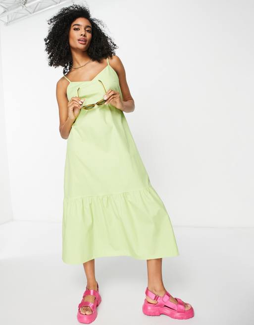 River Island poplin tiered midi dress in lime | ASOS