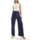 River Island poplin wide leg pants in navy stripe