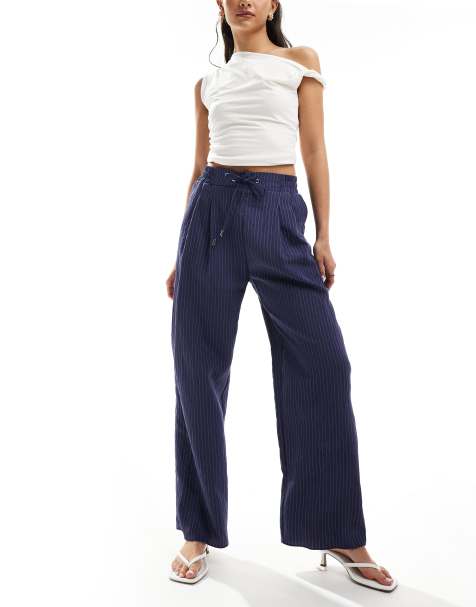 River Island poplin wide leg trouser in navy stripe - view 1