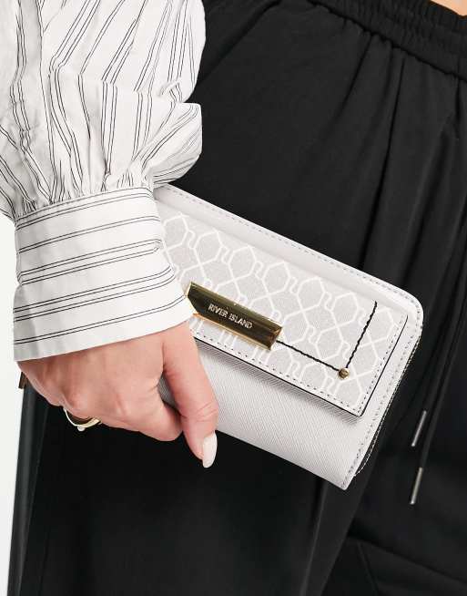 River Island - Portemonnee met rits en monogramprint in grijs