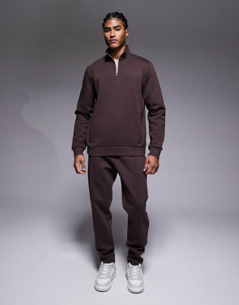 River Island premium 1/4 zip sweatshirt and trackies in brown (part of a set) - view 1