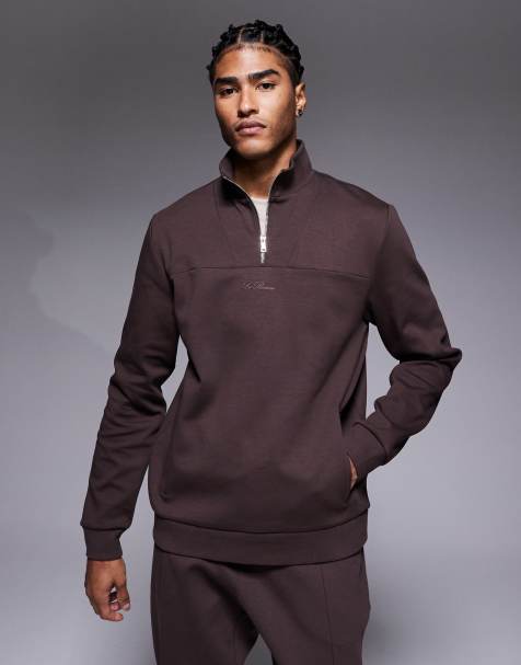 River Island premium 1/4 zip sweatshirt in chocolate in scuba-style fabric (part of a set) - view 1