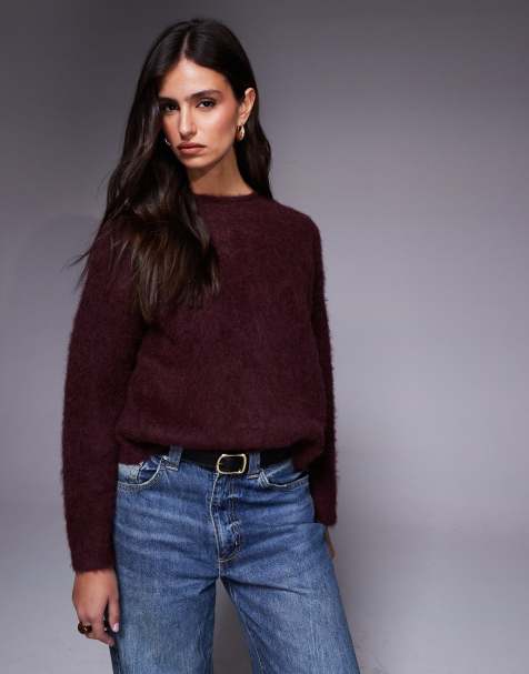 River Island premium alpaca knit sweater in burgundy - view 1