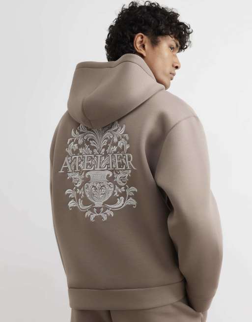 River Island Premium cotton baroque hoodie in stone, 4 of 4