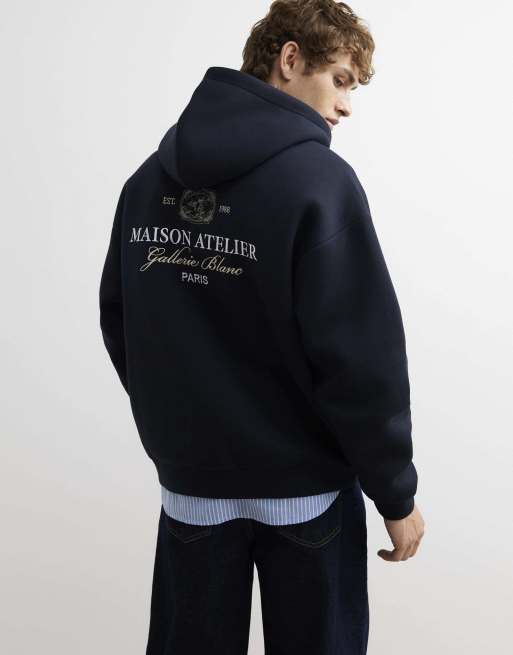 River Island Premium cotton maison hoodie in navy, 4 of 4