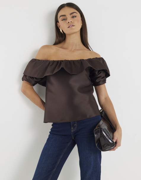 River Island Premium frill detail bardot top in brown - view 1