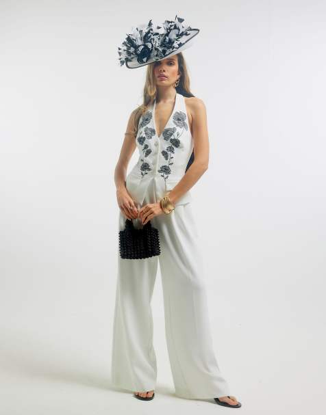 River Island Premium halter embroidered jumpsuit in white - view 1