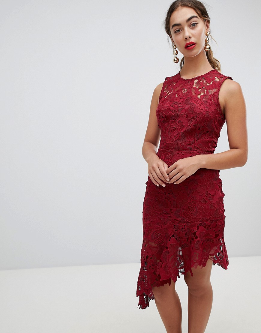 River Island Premium Lace Asymmetric Hem Midi Dress-Red