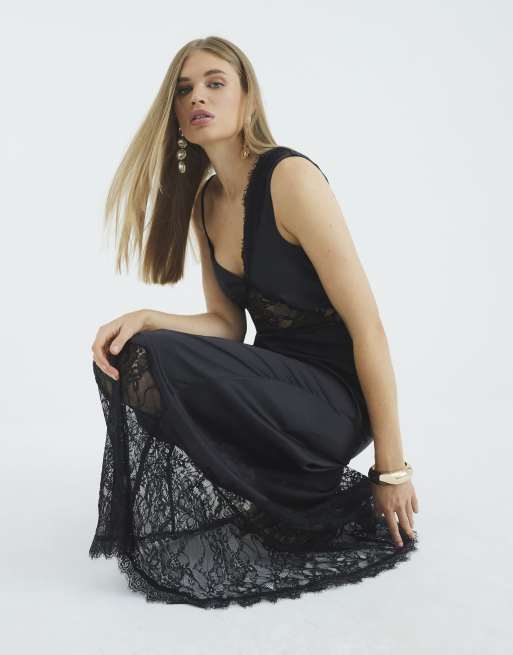River Island Premium lace satin maxi slip dress in black | ASOS