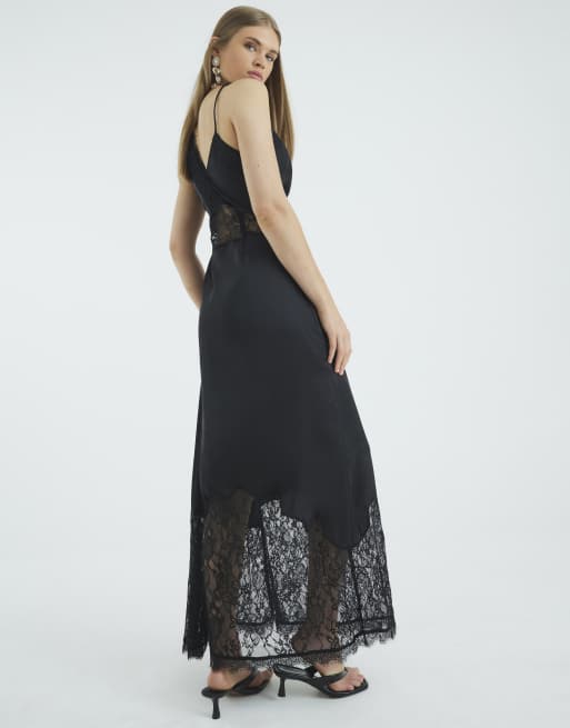 River Island Premium lace satin maxi slip dress in black | ASOS