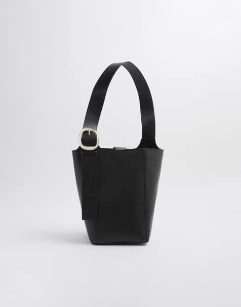 River Island Premium large leather bucket bag in black - view 1